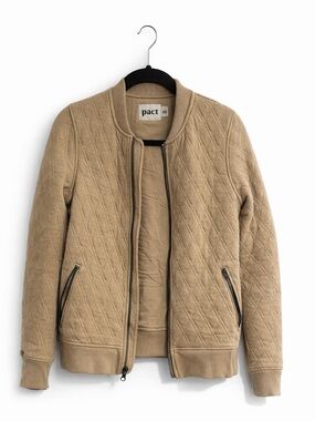 Pact Quilted Bomber Jacket Tan Organic Cotton XS Zip Up